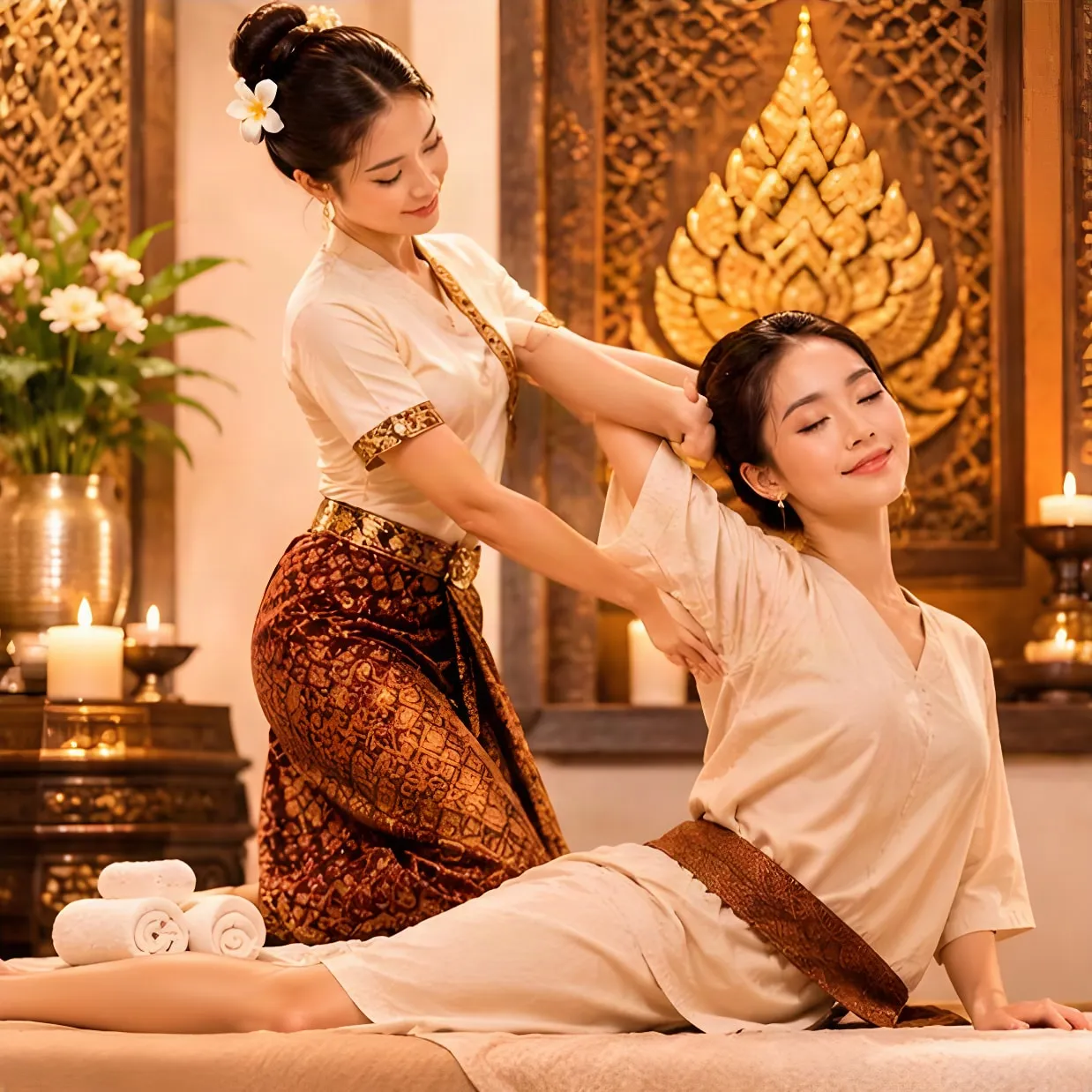 Traditionele Thaise massage: stretch van schouders en rug